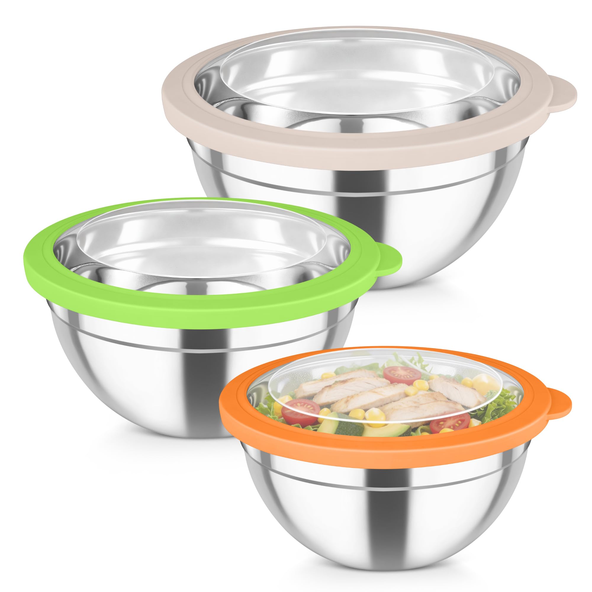 TeamFar Mixing Bowls, 4.5/3/1.5 QT Stainless Steel Nesting Salad Bowls with Airtight Lids, For Serving/Mixing/Storing/Prepping, Non-Toxic & Sturdy,