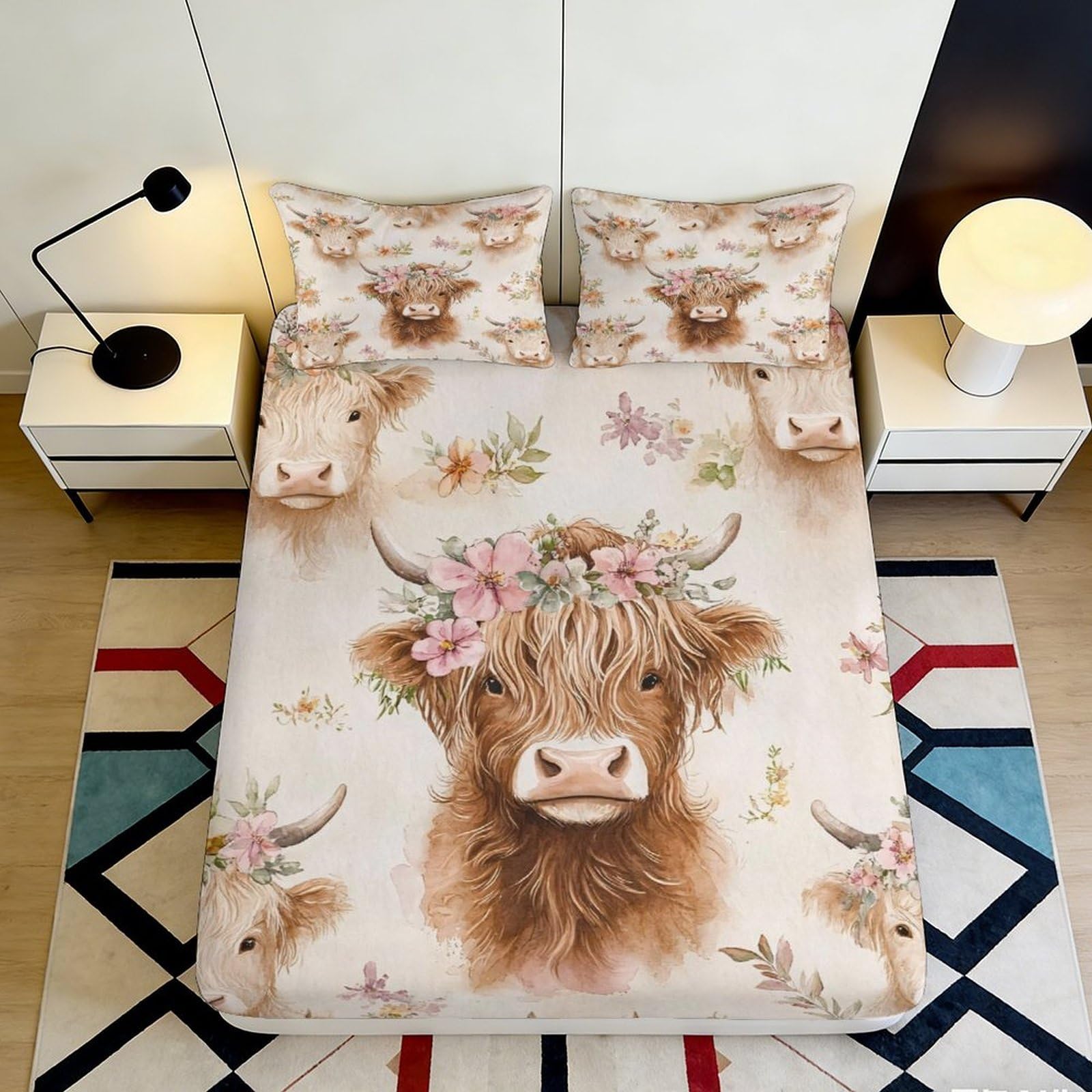 Decor Highland Cow Fitted Sheet, 3D Printed, Microfiber soft touch, bed cover for home bedroom, guest room bedding, easy care, dust resistant, stylish accent 90x200x25cm