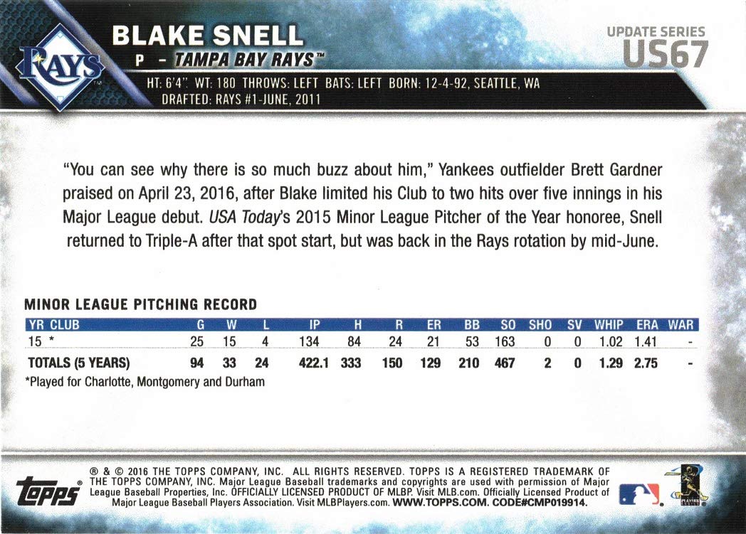 Amazon.com: 2016 Topps Update Baseball #US67 Blake Snell Rookie Card :  Collectibles & Fine Art