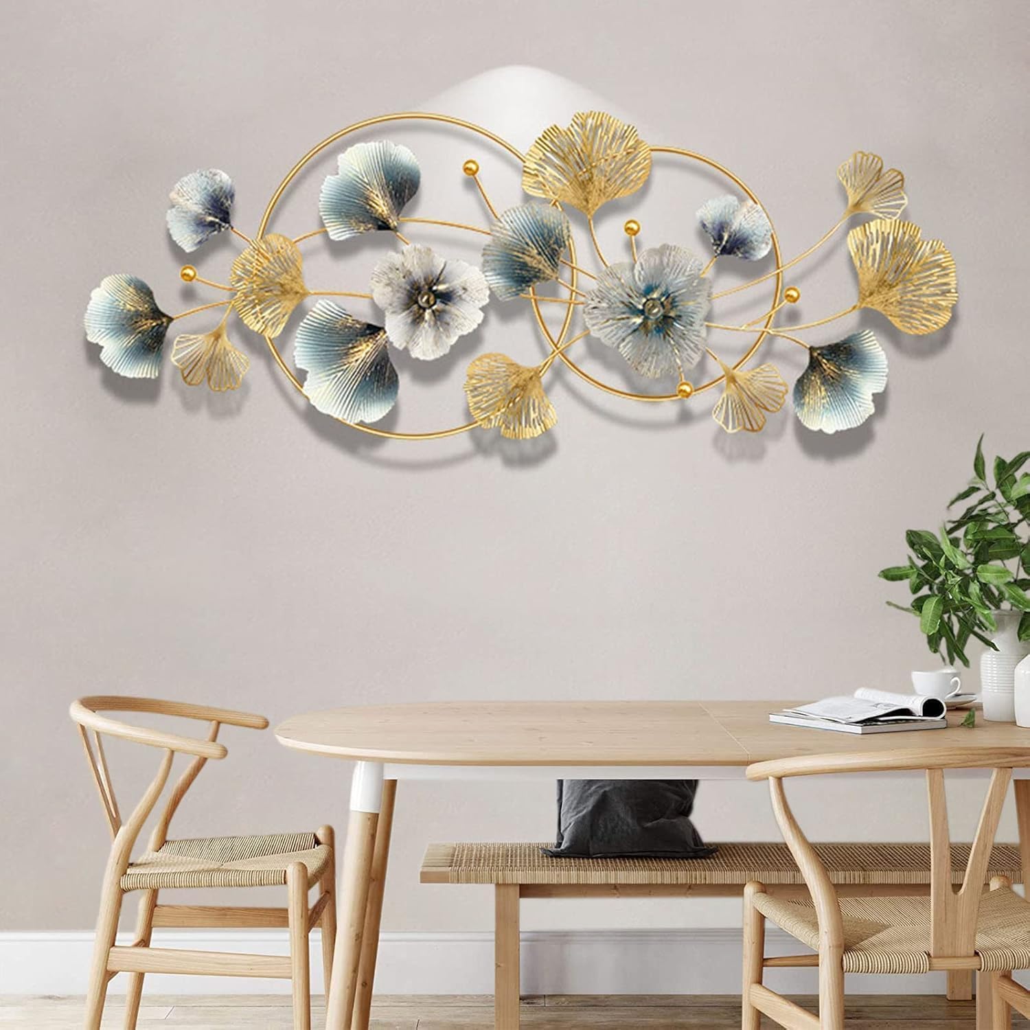Genérico Decoración de pared de metal, arte de pared de metal para sala de estar, hojas azules doradas hechas a mano, escultura de dimensional 3D, decoración de para el hogar, 48 pulgadas