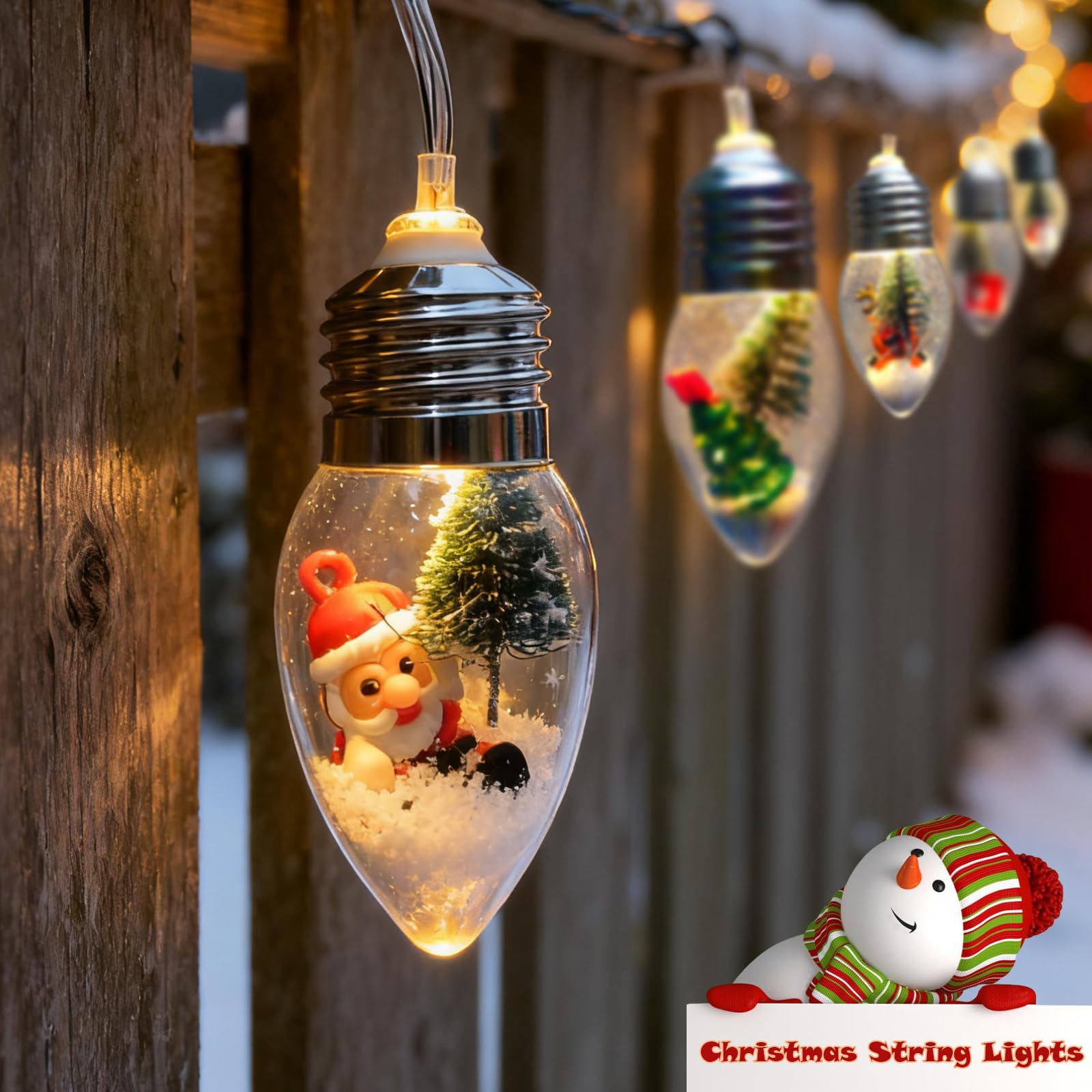 Luci natalizie vintage a batteria, 2 pezzi, 2 pezzi, globo di neve con timer, 10 lampadine a LED con albero e graziosi ornamenti per interni, camera da letto, albero, caminetto, giardino, feste