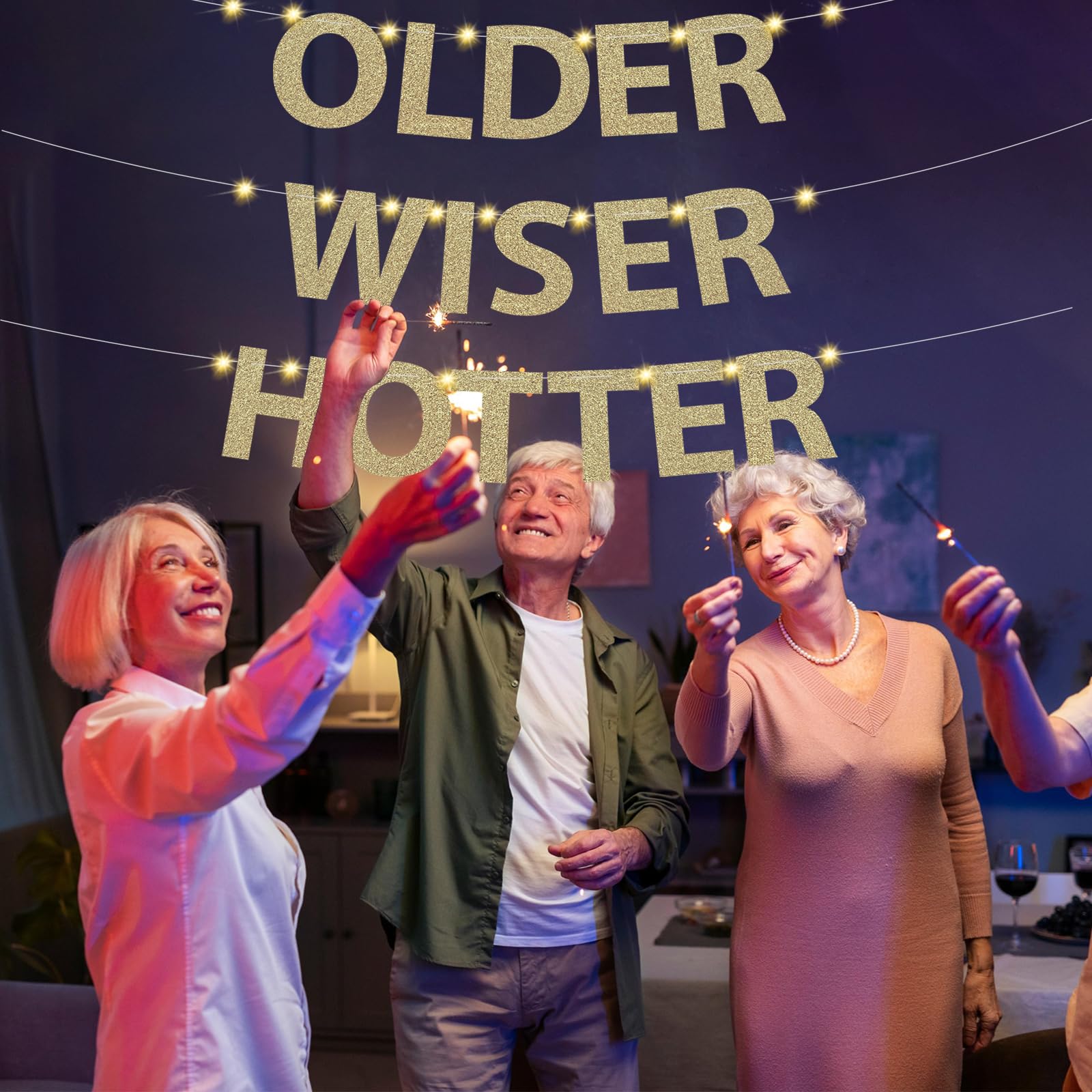 Older Wiser Hotter Birthday Banner - Glittery Gold Party Decor For 30th, 40th, 50th, 60th Celebrations