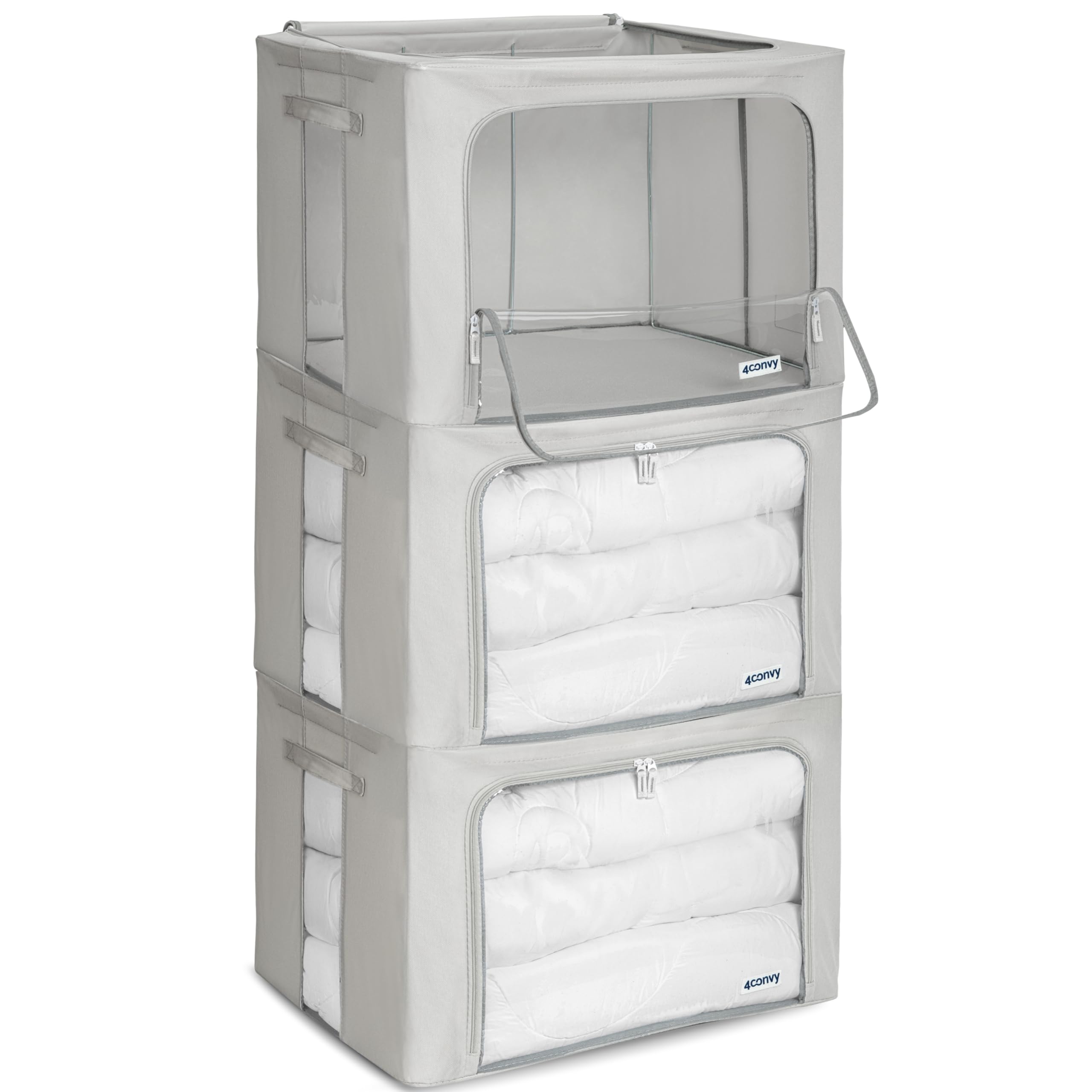 4CONVY stevige opvouwbare kledingopbergdoos met metalen frame, 2 transparante vensters - [2024 VERBETERD MATERIAAL] opbergtas voor dekbedden - stevige opbergdoos voor kleding (Gris, 3x40L