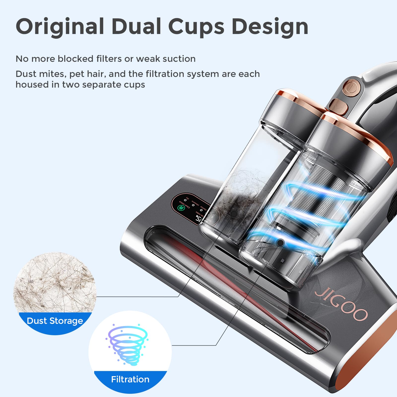 JIGOO S300 Pro Aspirador de Ácaros con Sensor de Ácaros y Pantalla Digital, 500W Aspiradora antiácaros con Luz UV, 13KPa de succión, para Alergias, Elimina alérgenos en colchones, Camas y sofás