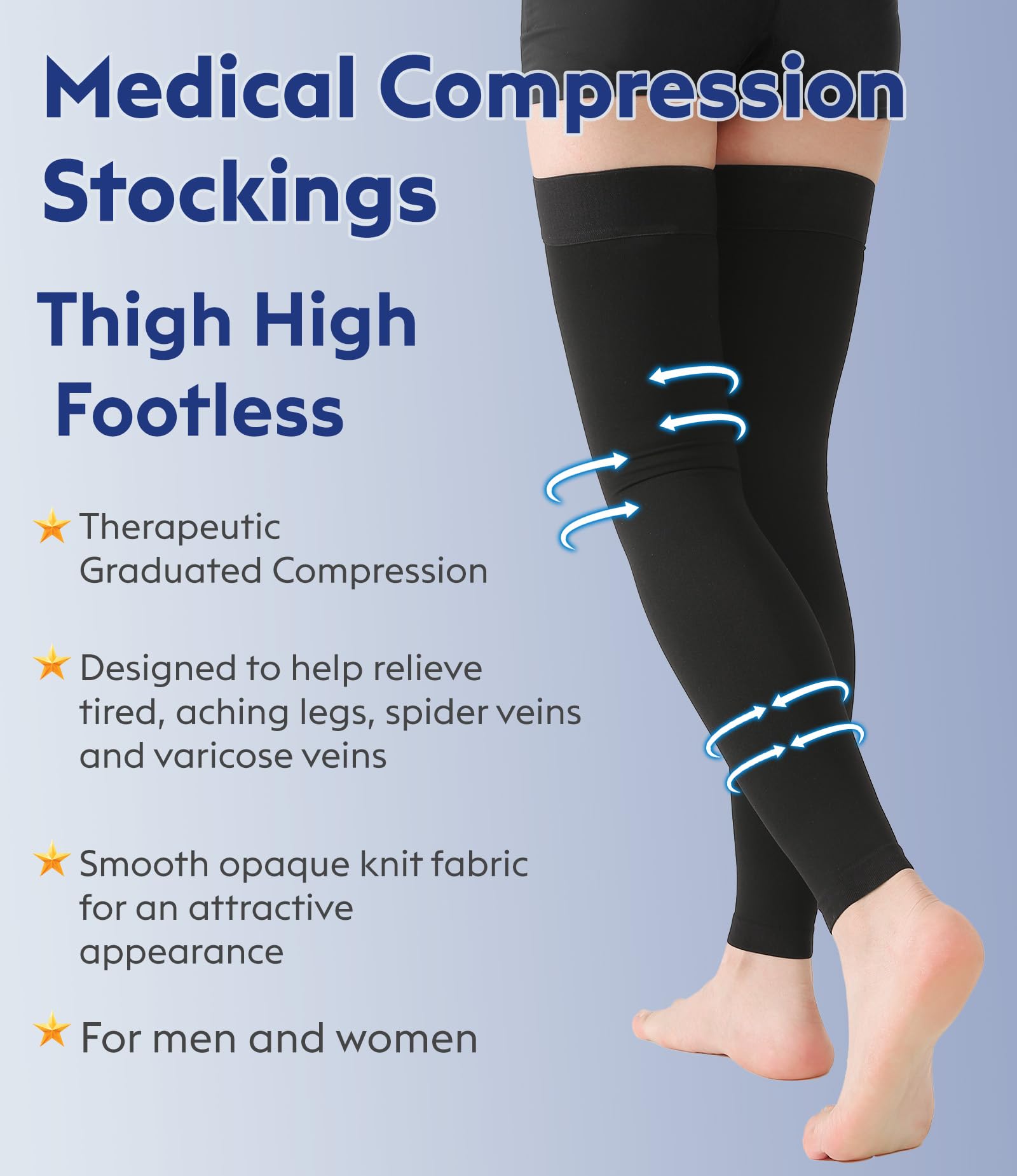 Medias de compresión sin pies, KEKING Opaque muslo mangas de compresión alta. Apoyo firme 20-30 mmHg Gradiente de compresión con banda de silicona, tratamiento de hinchazón, varices, Edema. 1 par.