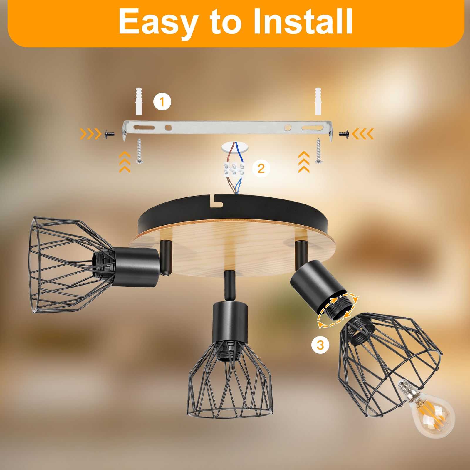 Plafonnier Spot Orientable Luminaire Plafonnier E14 Modèle Bois Spots de Plafond Led Cuisine 3 Spots Noir Plafonnier Industriel pour Cuisine Chambre Salon，Sans Ampoules