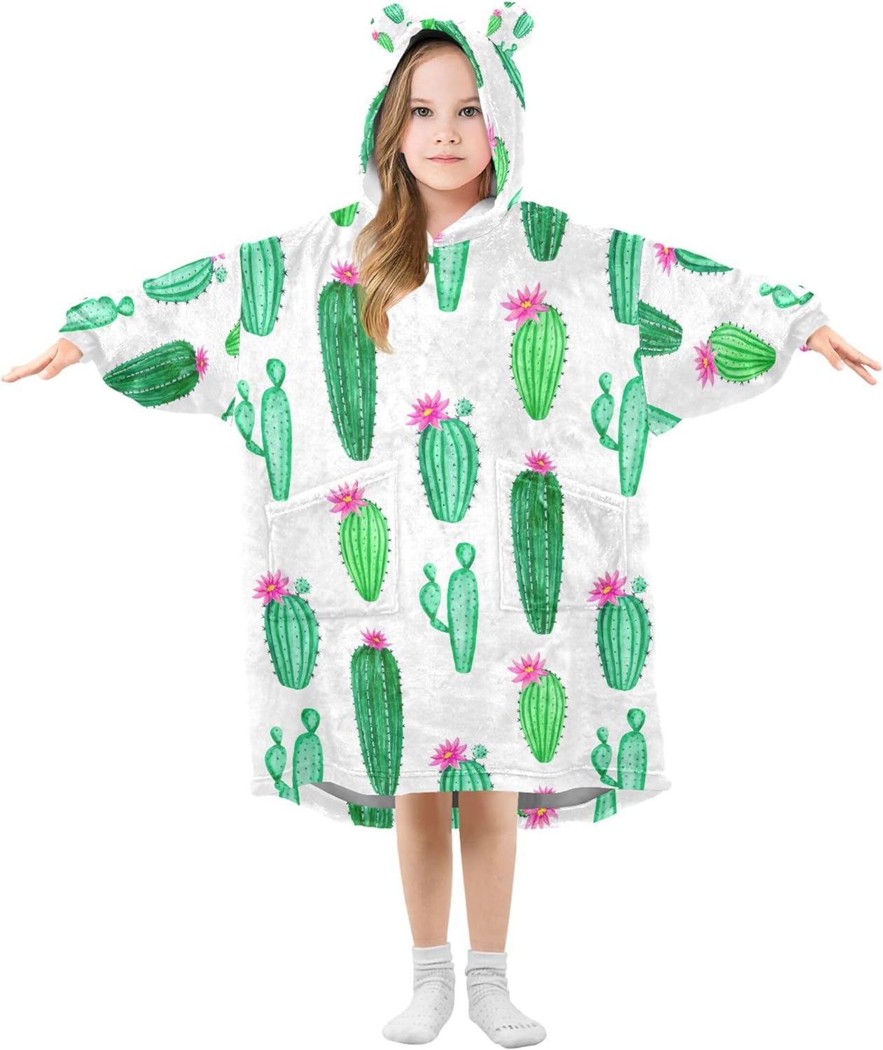 Cactus Flower Kids Wearable Blanket Hoodie with Pocket and Sleeves for Toddlers, Cute Hoodies Girls Boys B0403986