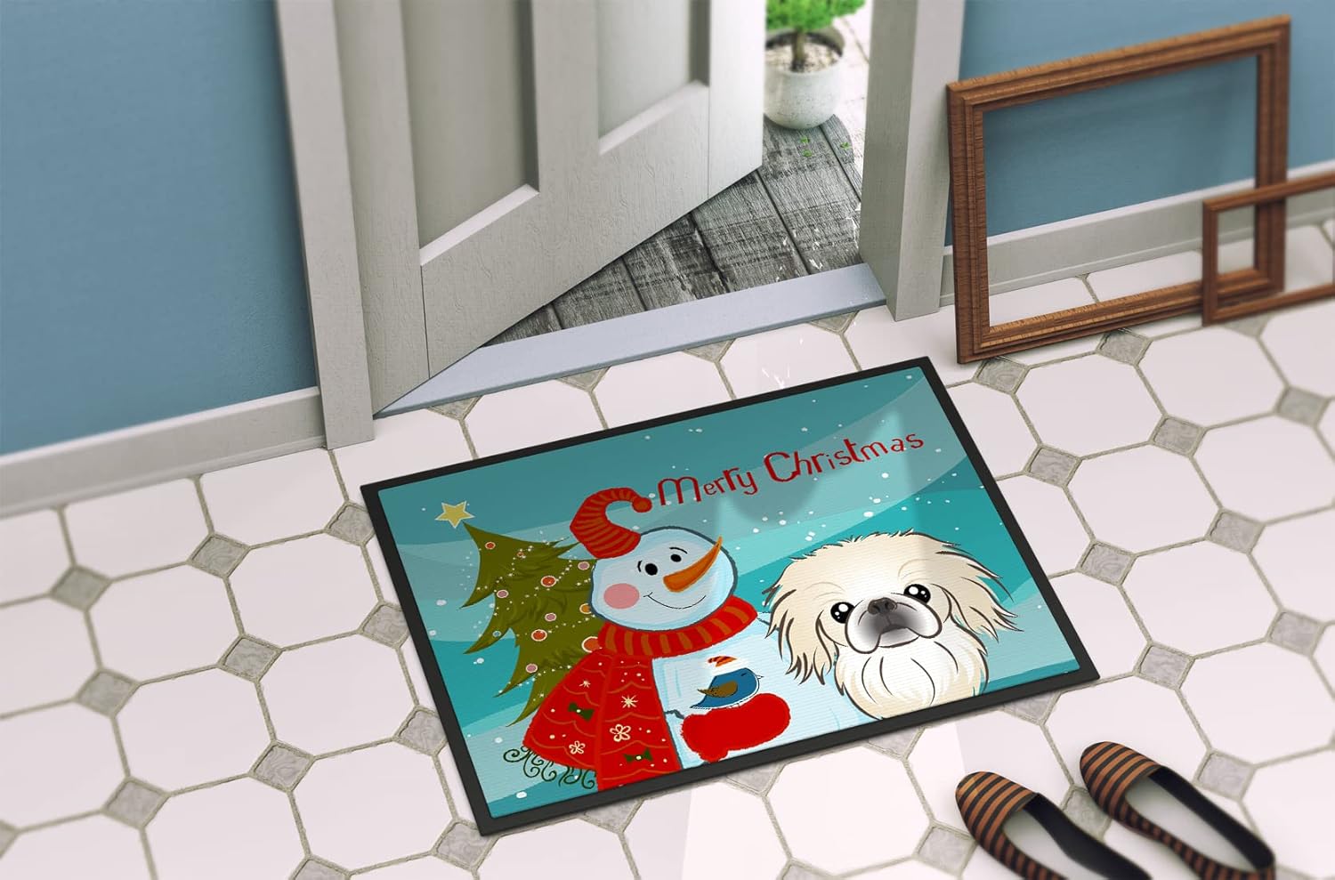 Caroline's Treasures BB1841MAT Snowman with Pekingese Doormat 18x27 Front Door Mat Indoor Outdoor Rugs for Entryway, Non Slip Washable Low Pile, 18H X 27W