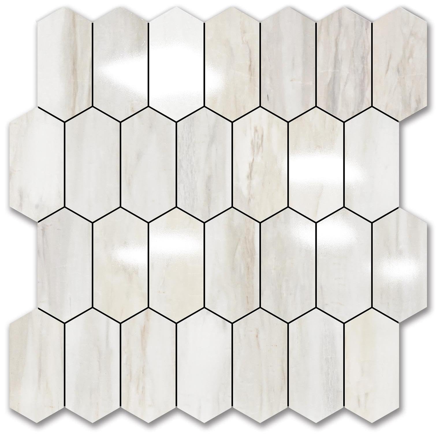 Vamos Tile Long Hexagon Peel and Stick Backsplash in Glossy Wood Grain