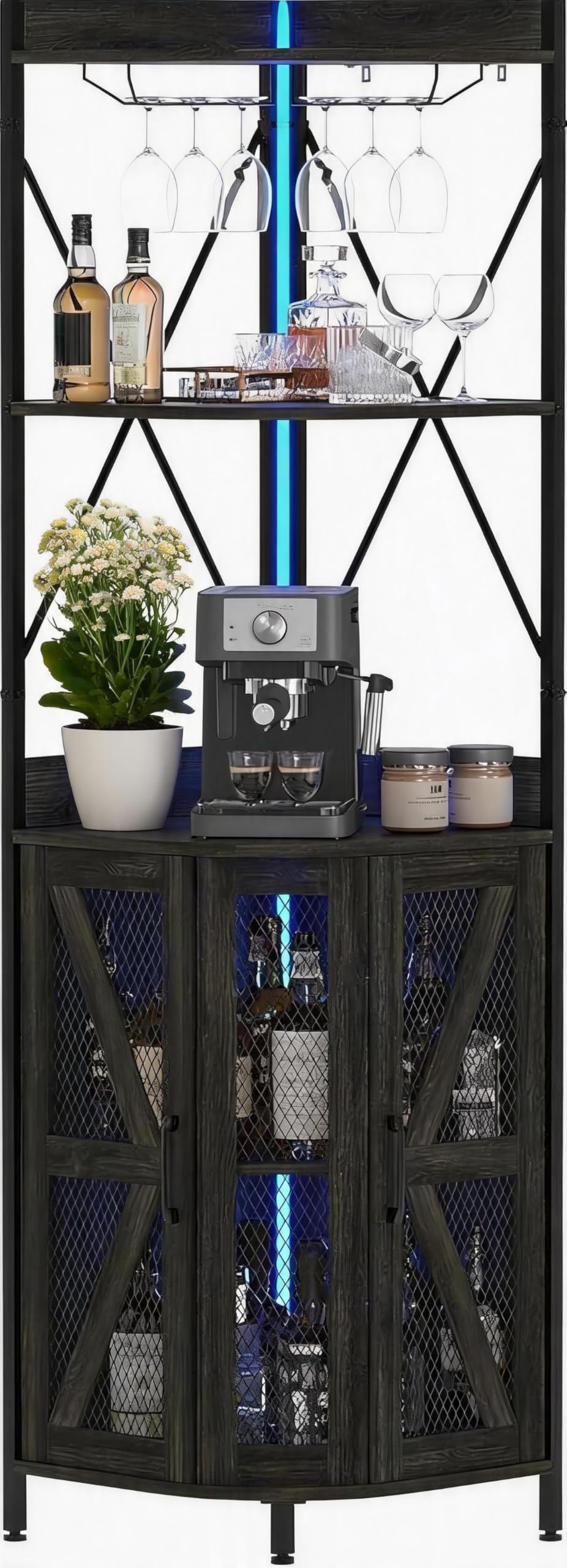 Armadio angolare per vino con presa elettrica e striscia LED, mobile da bar a 5 ripiani con porta bicchieri, porta a traliccio, credenza in stile industriale, per cucina, sala da pranzo e piccoli