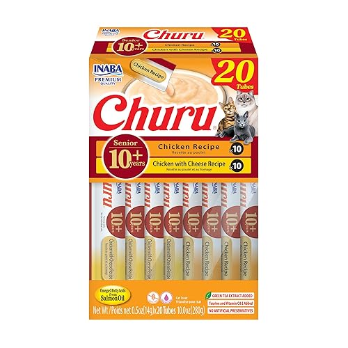 INABA Churu for Senior 10+, Creamy Lickable Cat Treats with Taurine, Vitamin E & C, 0.5 Ounces Each, 20 Tubes, Chicken Variety - Chicken Variety - 1 Count (Pack of 20)