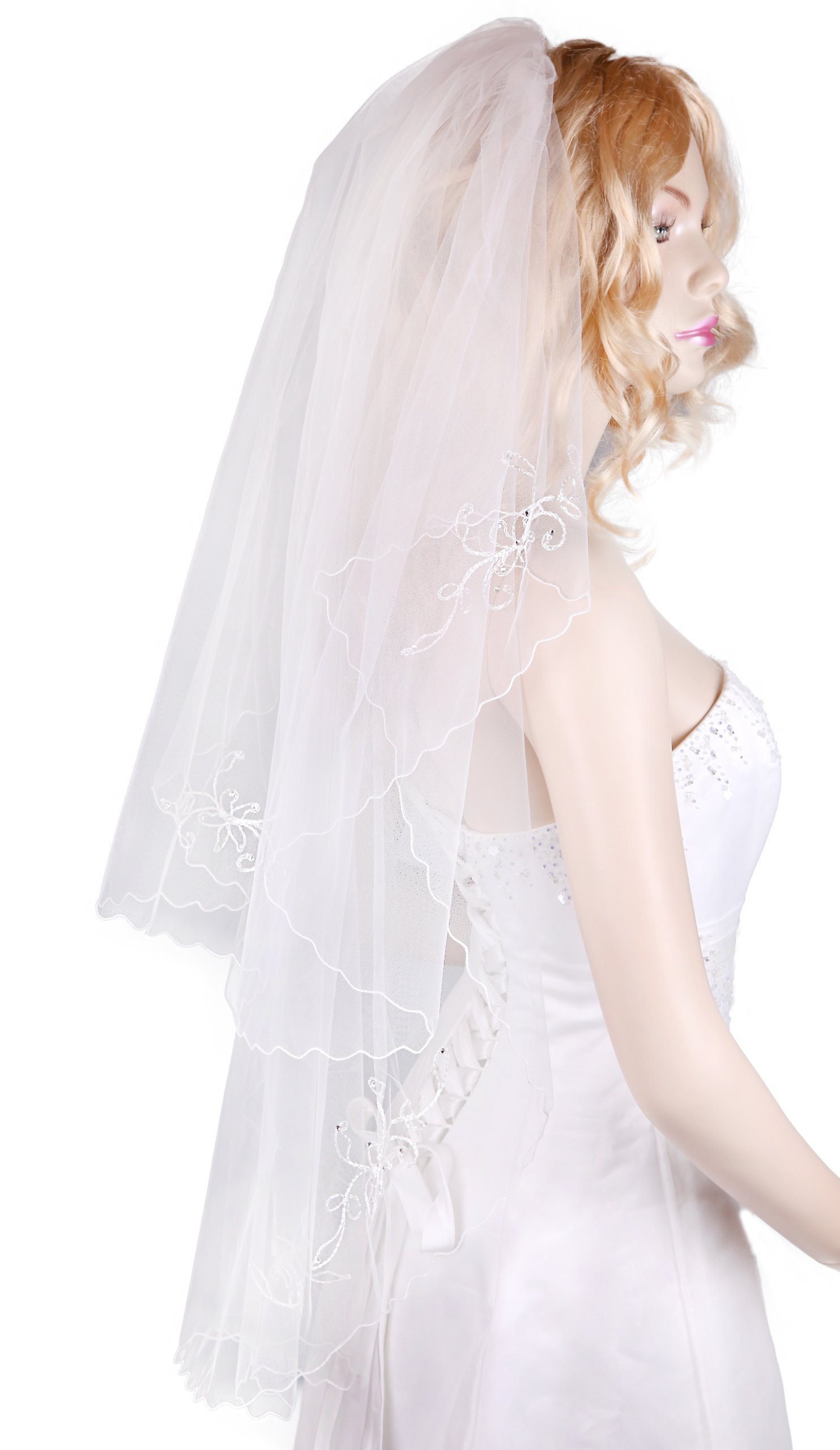 Flora Women's Ivory 2-Tier Bridal Fingertip-Length Veil With Rhinestones,V13 (Ivory)