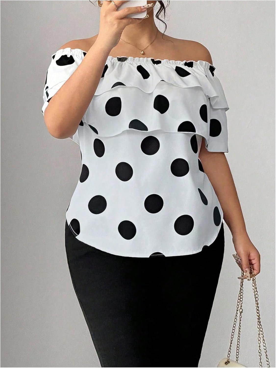 Floerns Women's Plus Size Off The Shoulder Tops Layered Ruffle Polka Dots Casual Blouses - Image 5