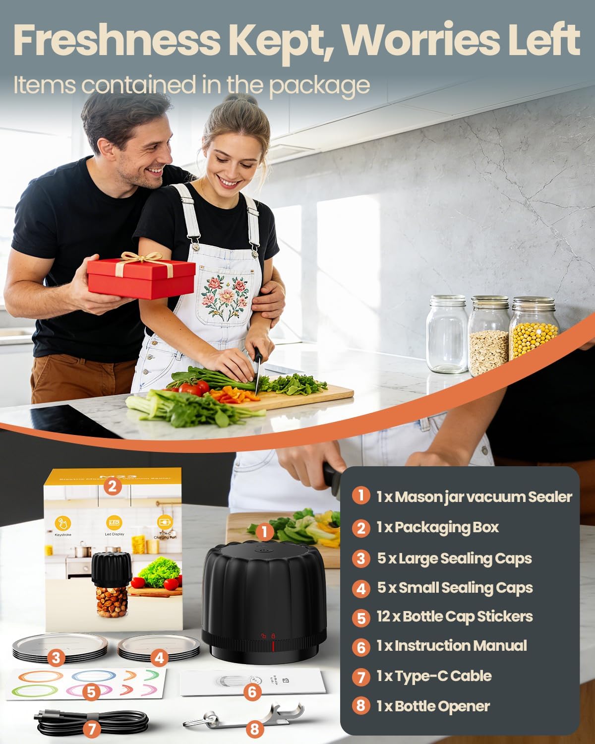Upgraded Electric Mason Jar Vacuum Sealer Kits for Regular and Wide Mouth Jars with 10 Lids, 80kPa Vacuum Pump Auto Canning Sealing Machine with 2500mAh Battery for Food Storage Reducing Waste