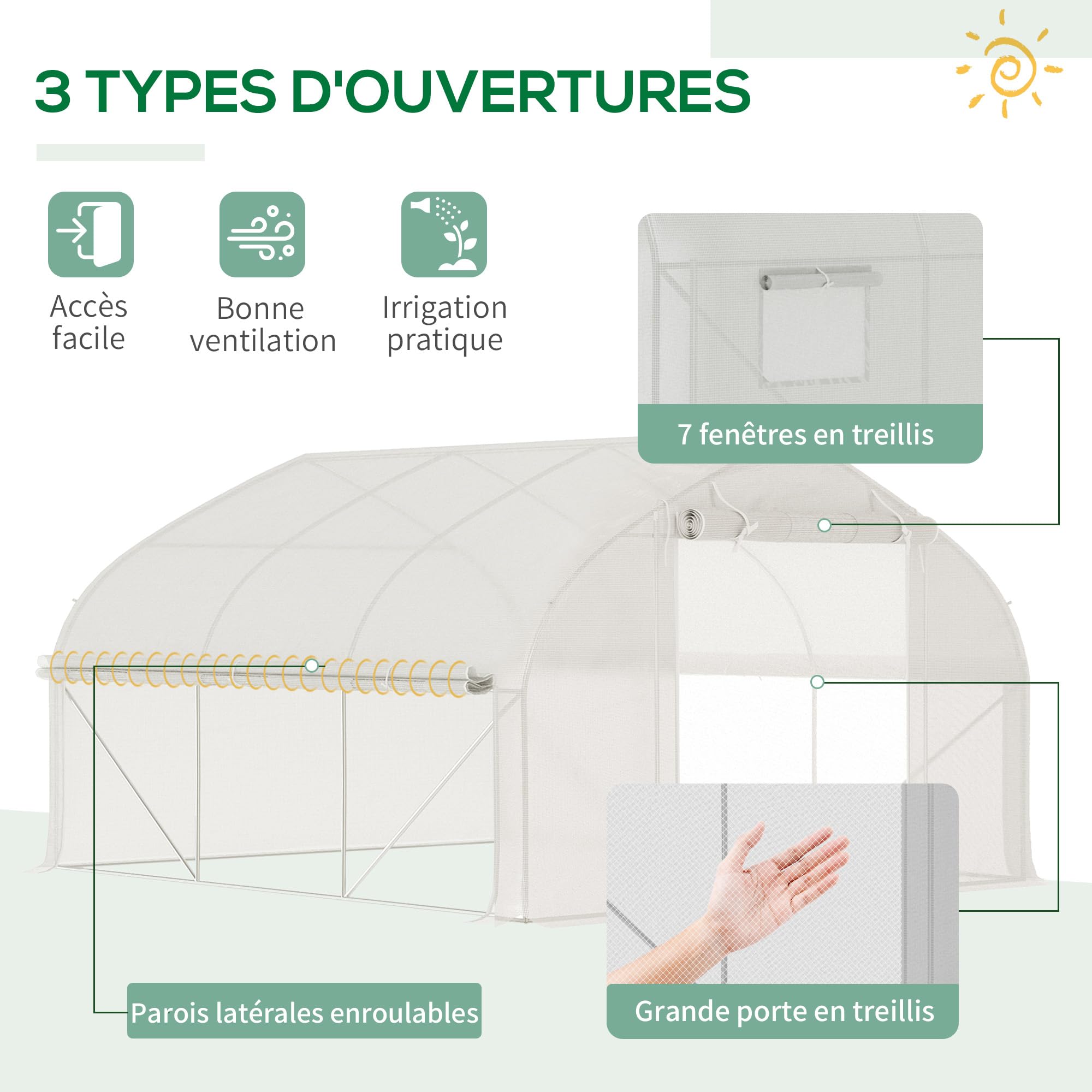 Outsunny 11,5' x 10' x 6,5' Serra Tunnel 7 finestre a Rete Bianco | Serra, porta a rete con cerniera, pareti laterali arrotolabili, serra da giardino migliorata, archi in acciaio zincato