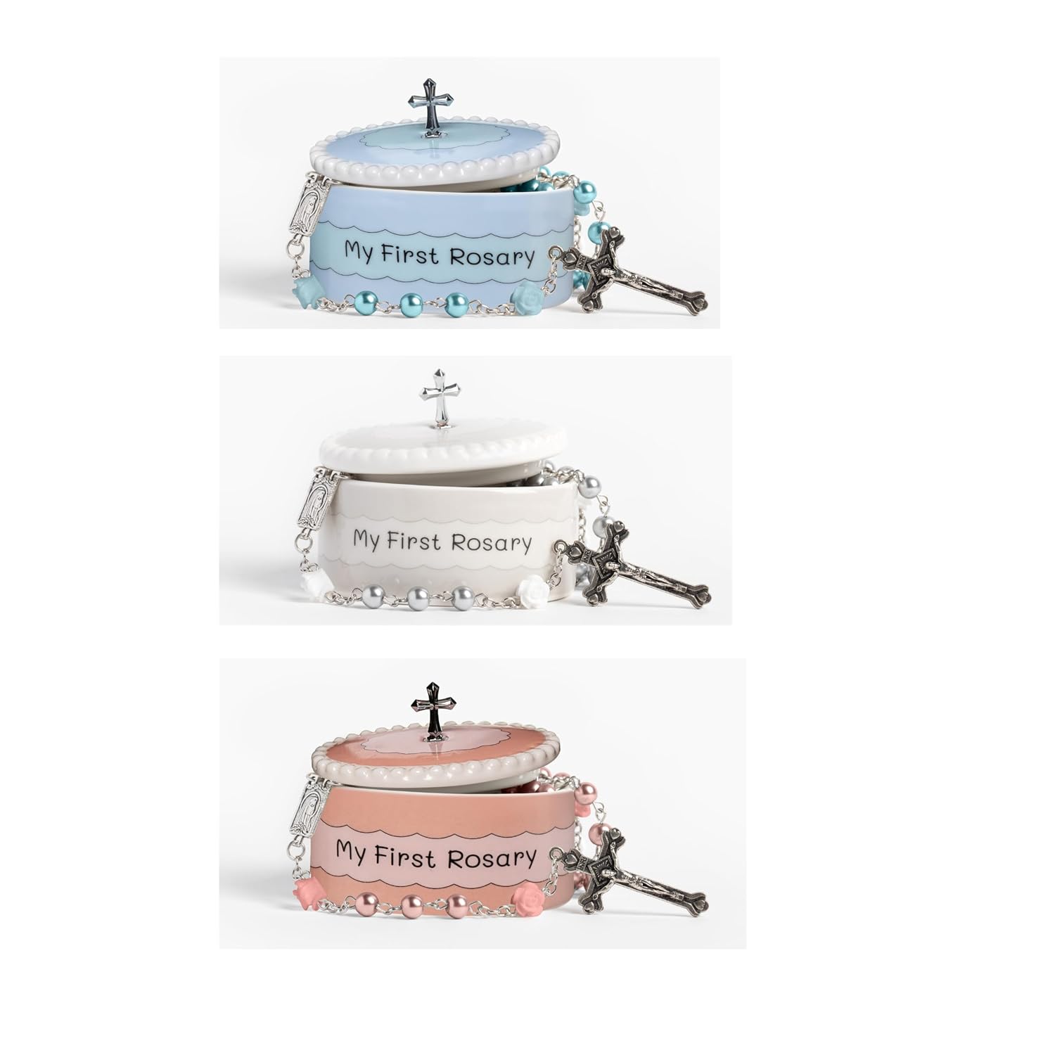 Blue, Pink and White Rosary Boxes for Baptisms and First Communions