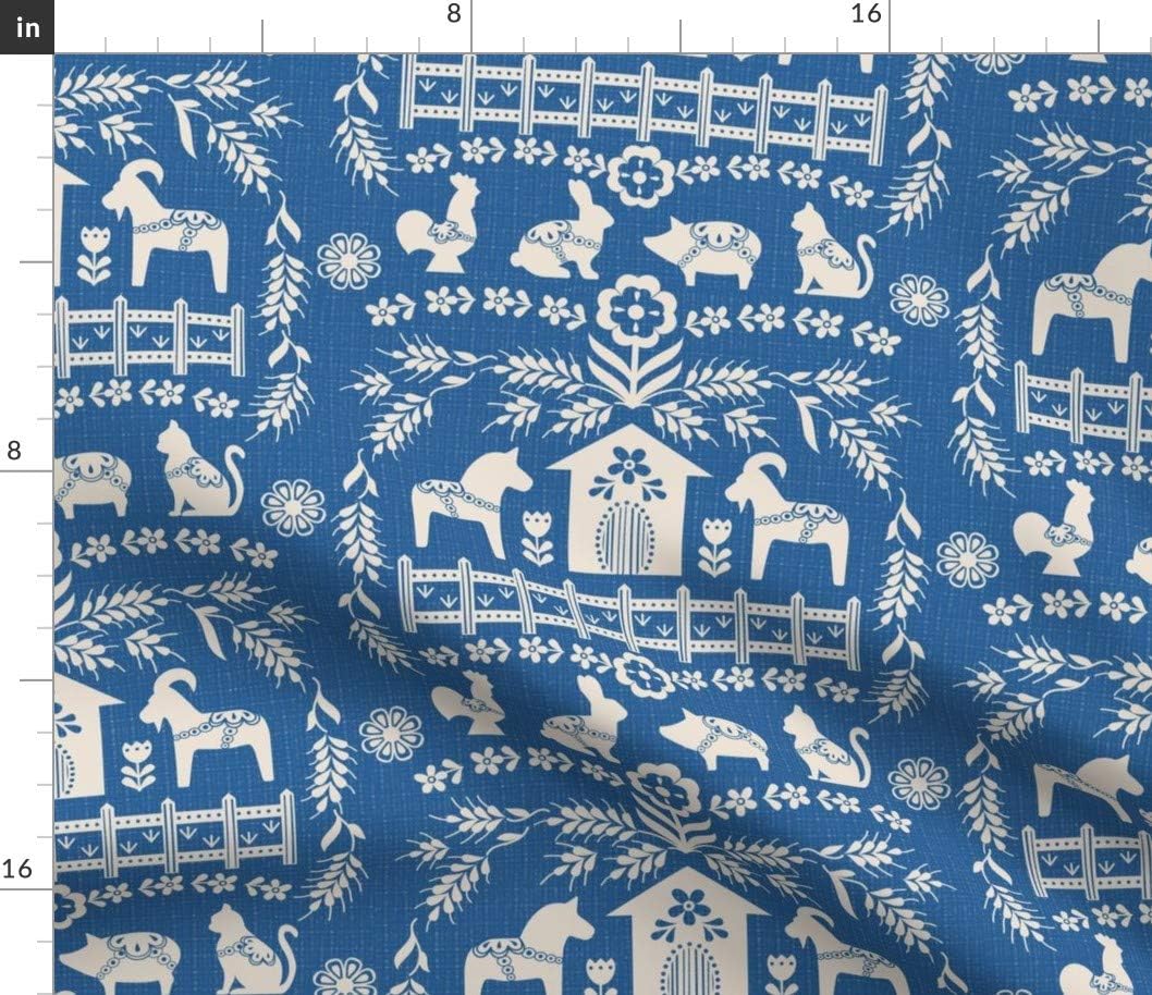 Spoonflower Fabric - Dala Farm Blue Swedish Folk Art Horse Cat Rooster Pig Goat Bunny Printed on Petal Signature Cotton Fabric by The Yard - Sewing Quilting Apparel Crafts Decor