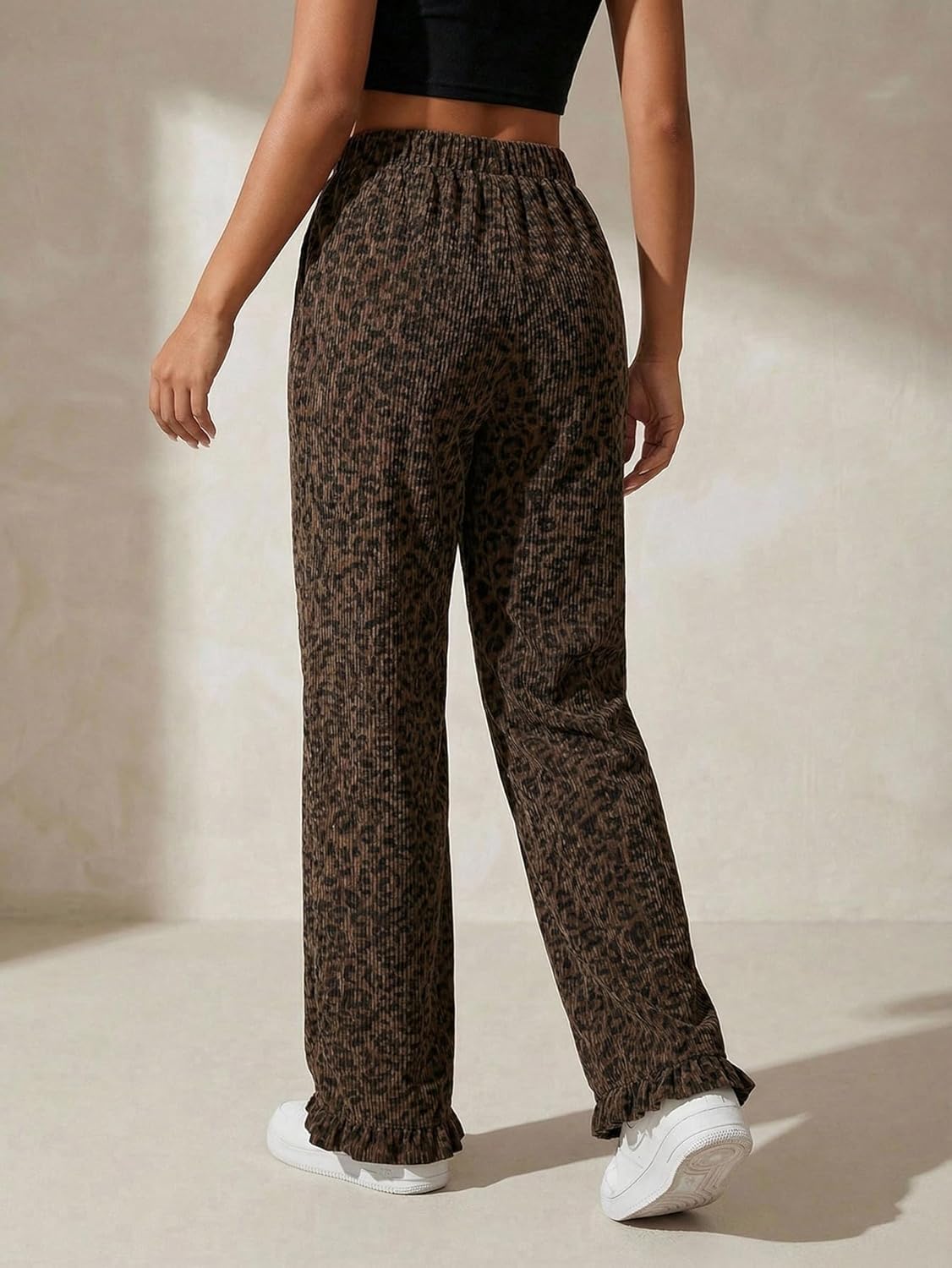 GORGLITTER Women's Leopard Cheetah Print Ruffle Pants Baggy Wide Leg Y2k Trousers - Image 2