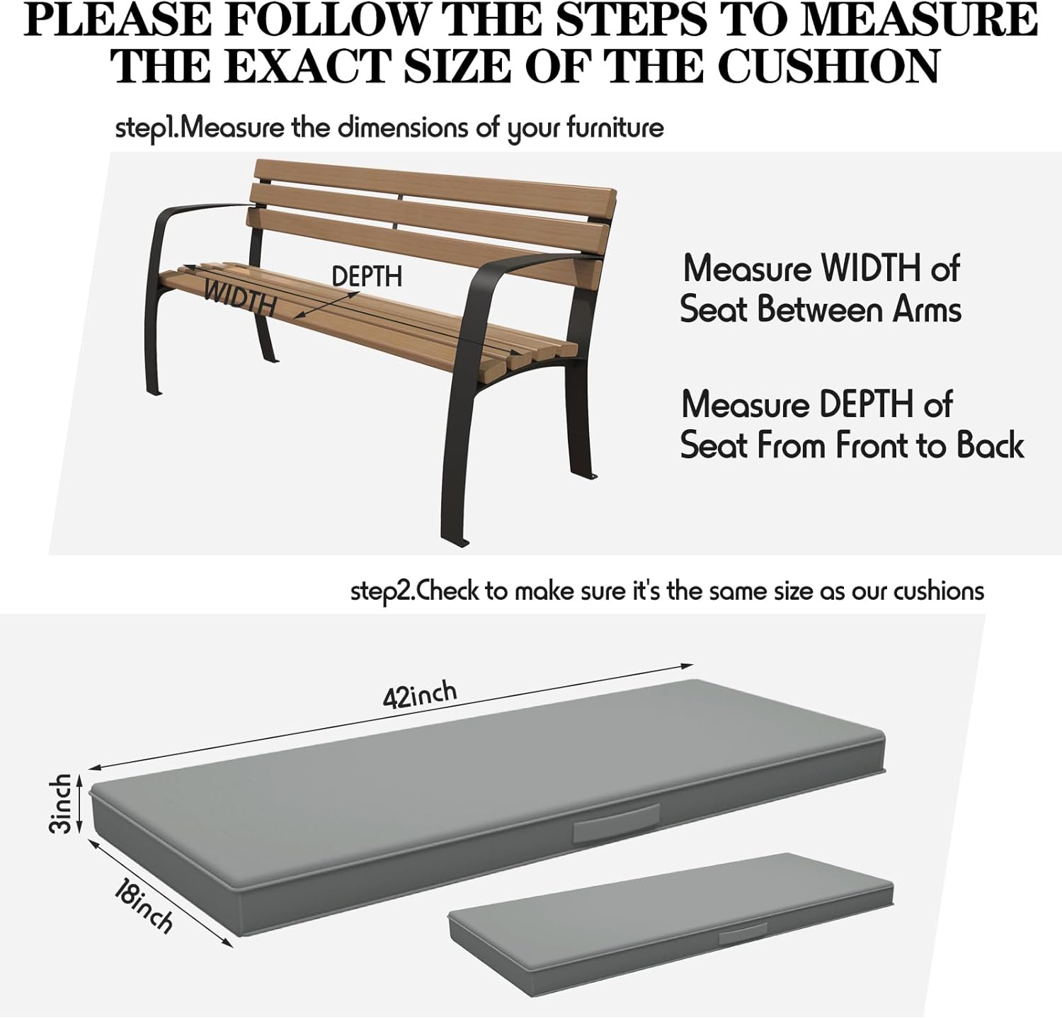 2 Pack Outdoor Bench Cushion - 42 x 18 Inch Waterproof Patio Furniture Cushion Bench Pad, Porch Swing Cushion with Ties and Handle, High Color Fastness Patio Loveseat Cushion