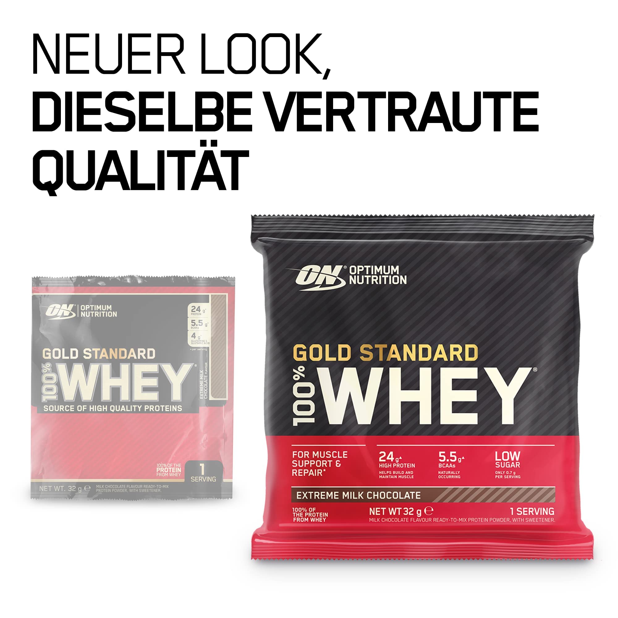 Optimum Nutrition Gold Standard 100% Molkenproteinpulver für Muskelaufbau und -regeneration mit natürlich vorkommendem Glutamin und BCAA-Aminosäuren, Extreme Milk Chocolate, 24 Packungen, 24 x 32g