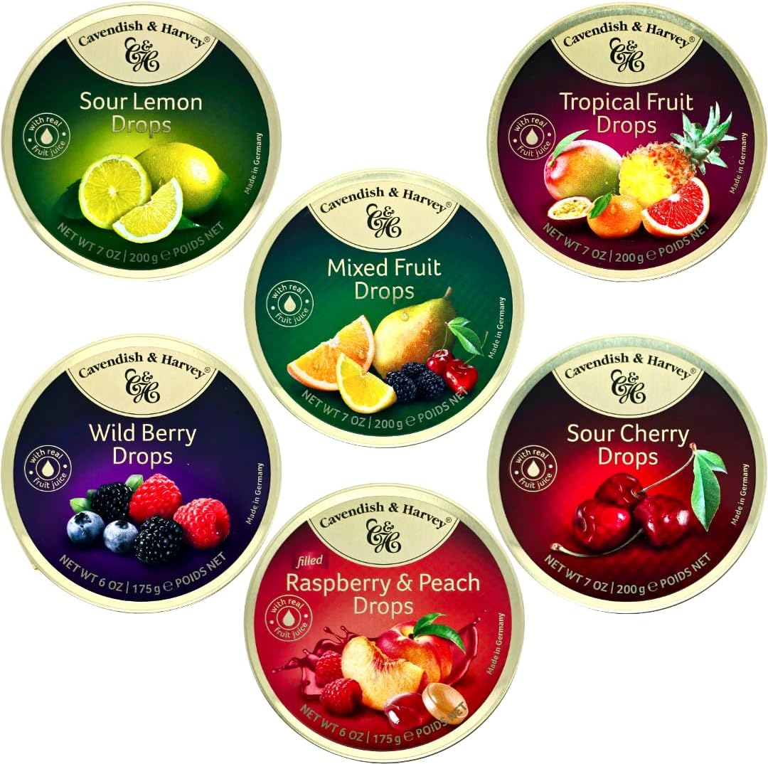 Cavendish and harvey variety flavor hard candy drops sour cherry, wild berry, tropical fruit, sour lemon, raspberry and peach, mixed fruit and other flavors tins 6 Pack by snackwave to cavendish and harvey variety flavor hard candy drops