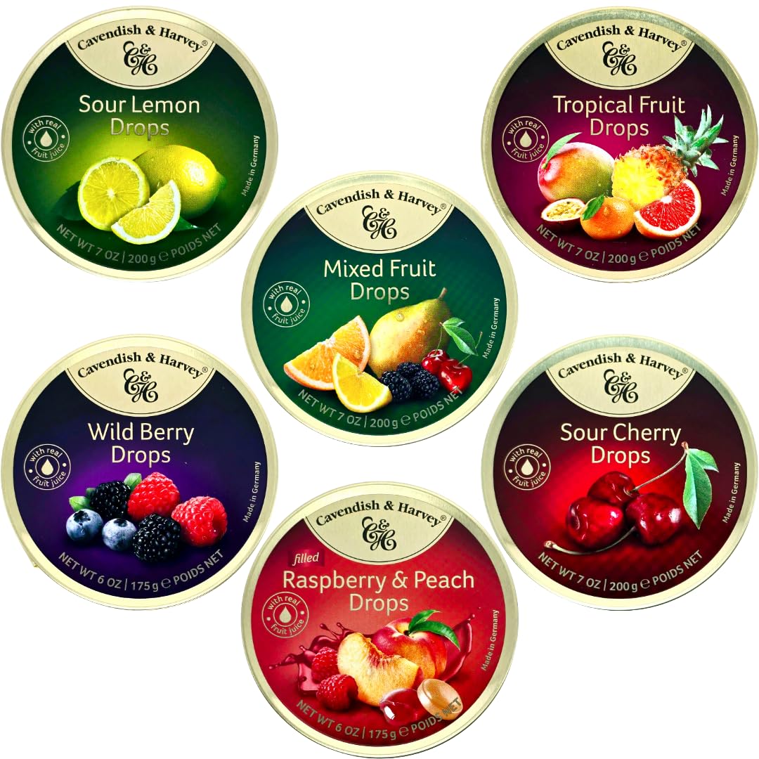 Cavendish and harvey variety flavor hard candy drops sour cherry, wild berry, tropical fruit, sour lemon, raspberry and peach, mixed fruit and other flavors tins 6 Pack by snackwave to cavendish and