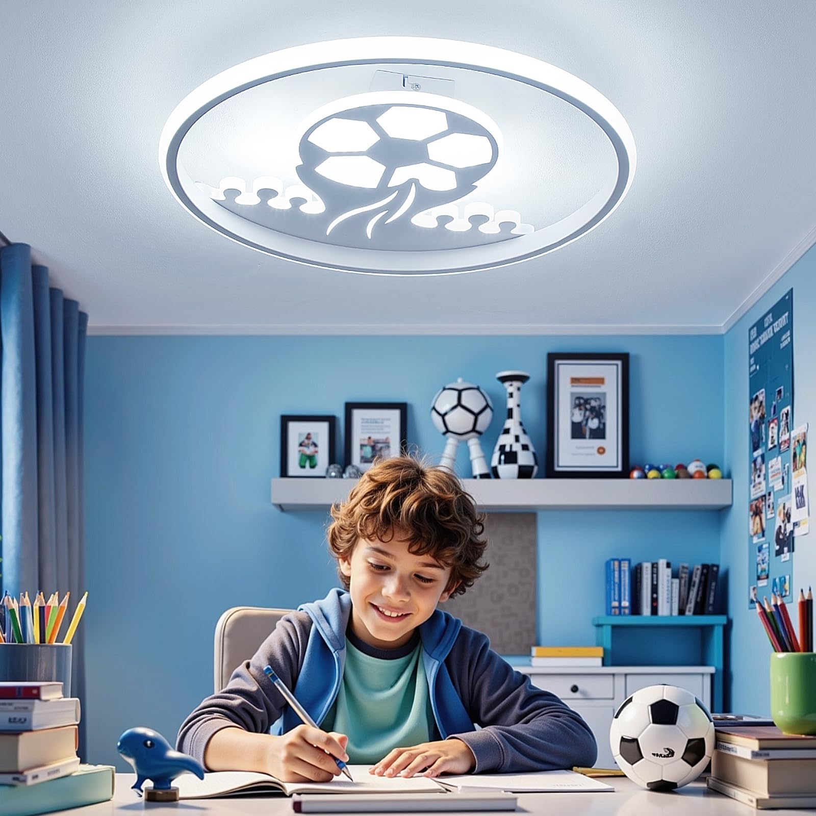 Lampara Techo Infantil: Plafon LED Techo 32W con Mando a Distancia - Futbol Luces 3000K-6000K Regulable con Luz Nocturna y Temporizador para Habitación Niños y Dormitorio Juvenil, Ø30CM