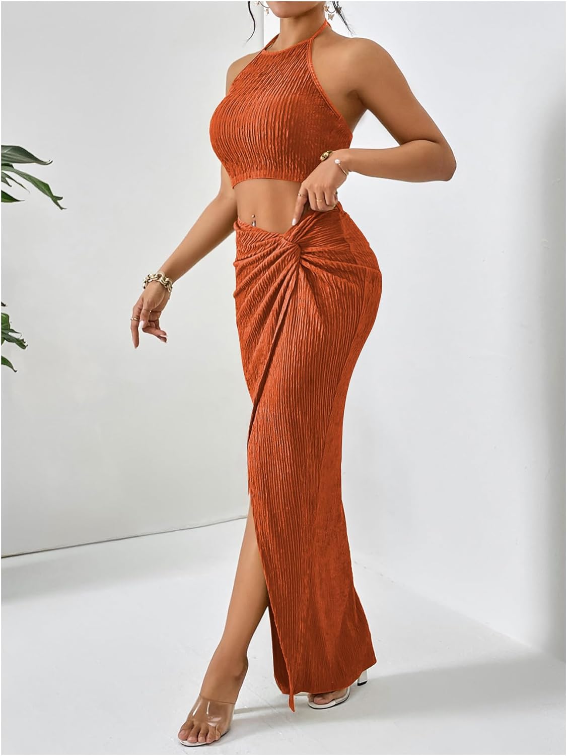 Women's 2 Pieces Outfit Textured Halter Crop Top and Twist Front Split Thigh Maxi Skirt Set - Image 3