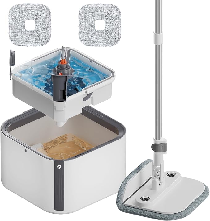 KZKR Upgraded Spin Mop and Bucket Set, Separate Clean and Dirty Water System, 360° Foldable Square Mop Bucket Head with Washable Microfiber Mop Pad, Detachable Bucket for Home Floor Cleaning