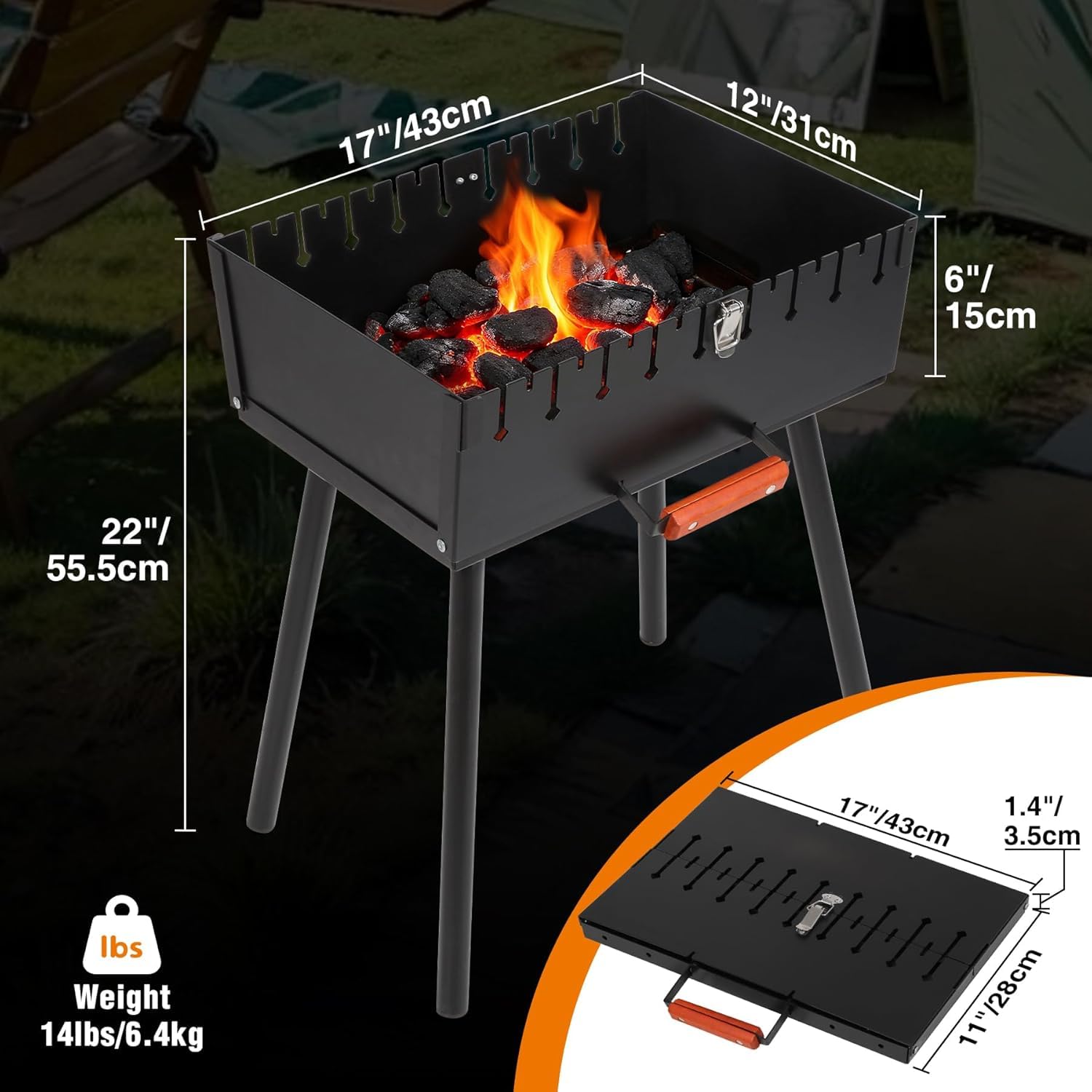 REDCAMP Barbacoa Mangal de carbón vegetal portátil con 2 niveles de altura para 16 pinchos (lentos/afilados), barbacoa plegable al aire libre para camping, jardín, pícnic, viajes