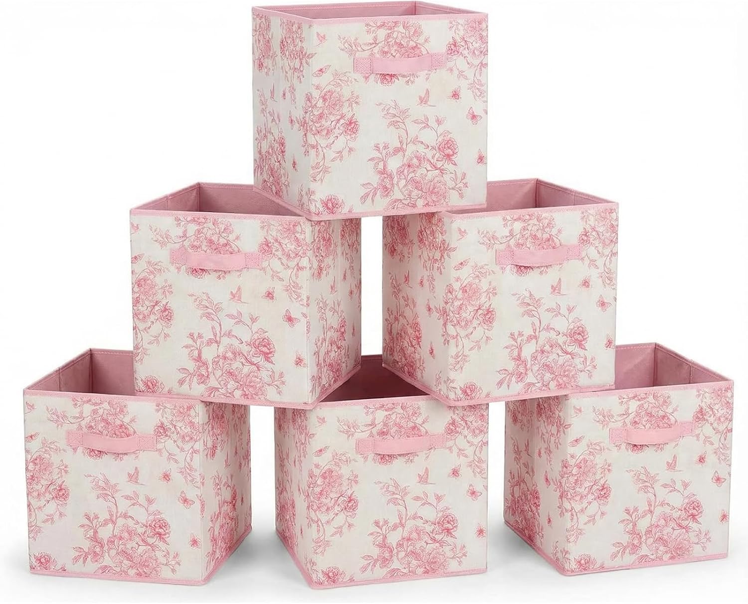 6 Pcs Pink Floral Cube Storage Bins 12.5 Inch Pink Flower Storage Basket with Handle, Preppy Girls Organizer Basket, Collapsible Fabric Box for Classroom Bedrooms Office Home Decoration (Flower)