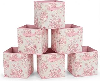 6 Pcs Pink Floral Cube Storage Bins 12.5 Inch Pink Flower Storage Basket...