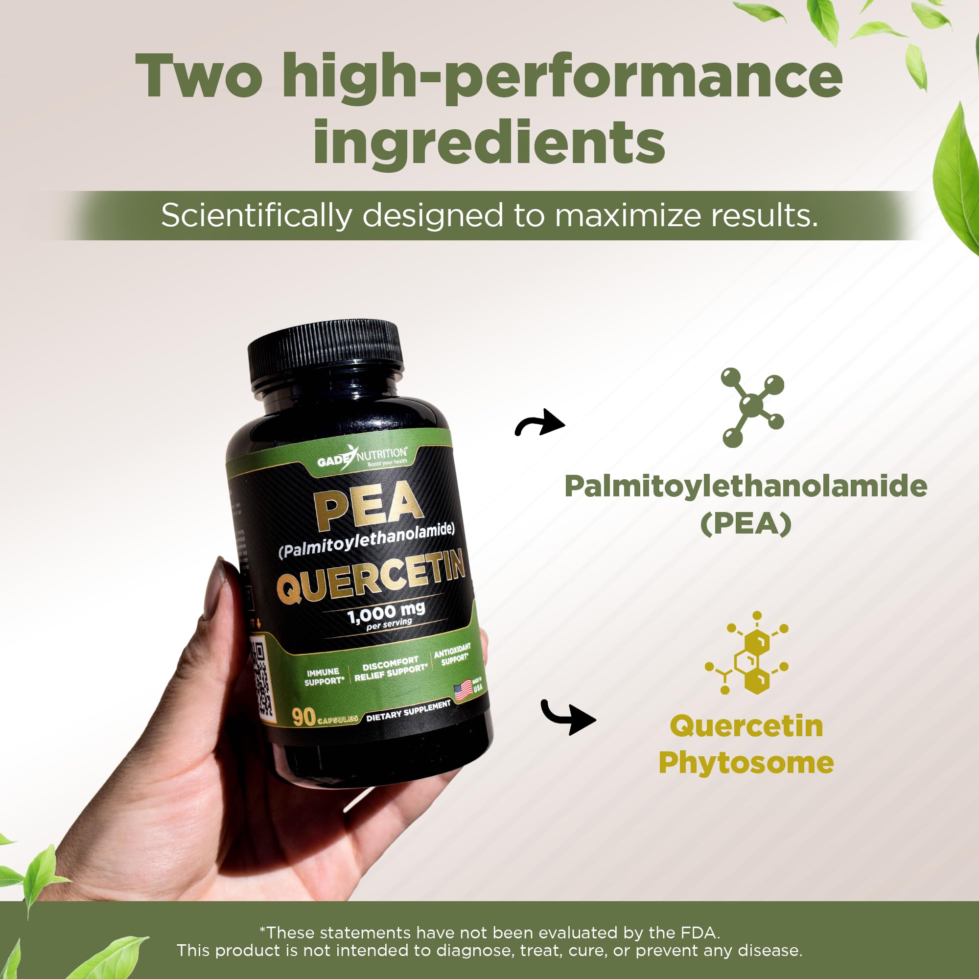 Gade Nutrition Palmitoylethanolamide Pea Supplement 800 mg with Quercetin 200 mg | Micronized Pea 99% Highly Purified and 95% Quercetin Bioavailable | Made in USA | Supplement for Men and Women — Amazon image 3