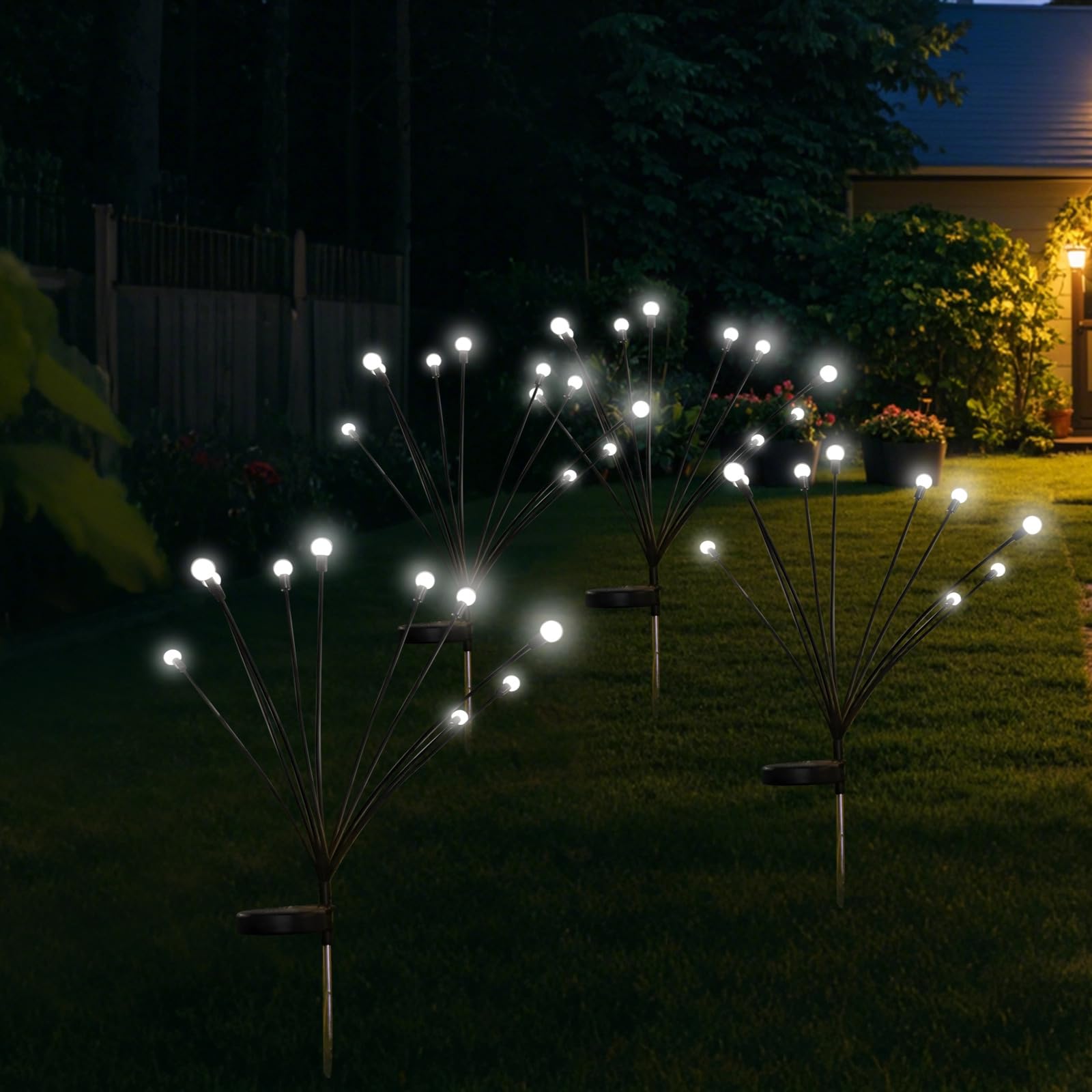 12 luces solares de jardín para jardín, patio, césped, balcón, luces de luciérnaga al aire libre con 10 cabezales LED, 8 modos de parpadeo, luces decorativas impermeables de paisaje