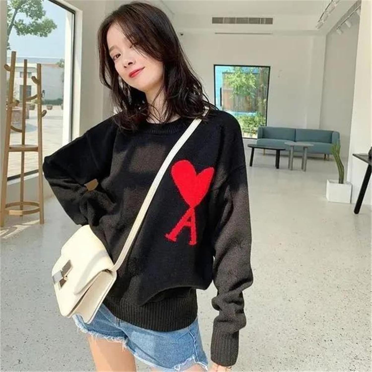 Damen Pullover Herbst Und Winter Pullover Lässig Lose Liebe Paar Baumwolle Pullover, Black, S