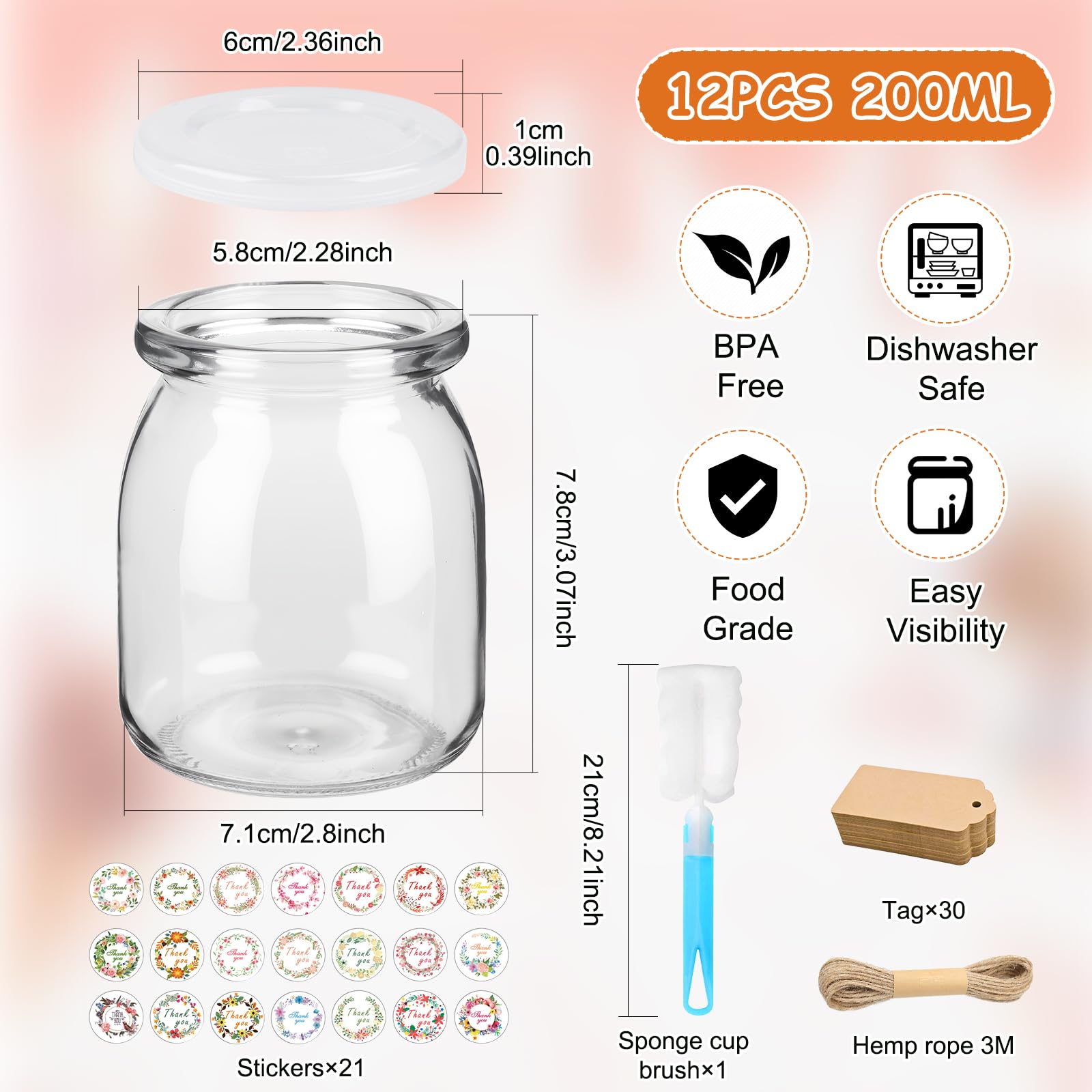 200 ml Vasetti per Yogurt con Coperchio,Confezione da 12 Bicchieri da Dessert Trasparenti In Vetro, Barattoli da Dessert con Coperchio per Gelatina,yogurt,Miele,Mousse,Dessert