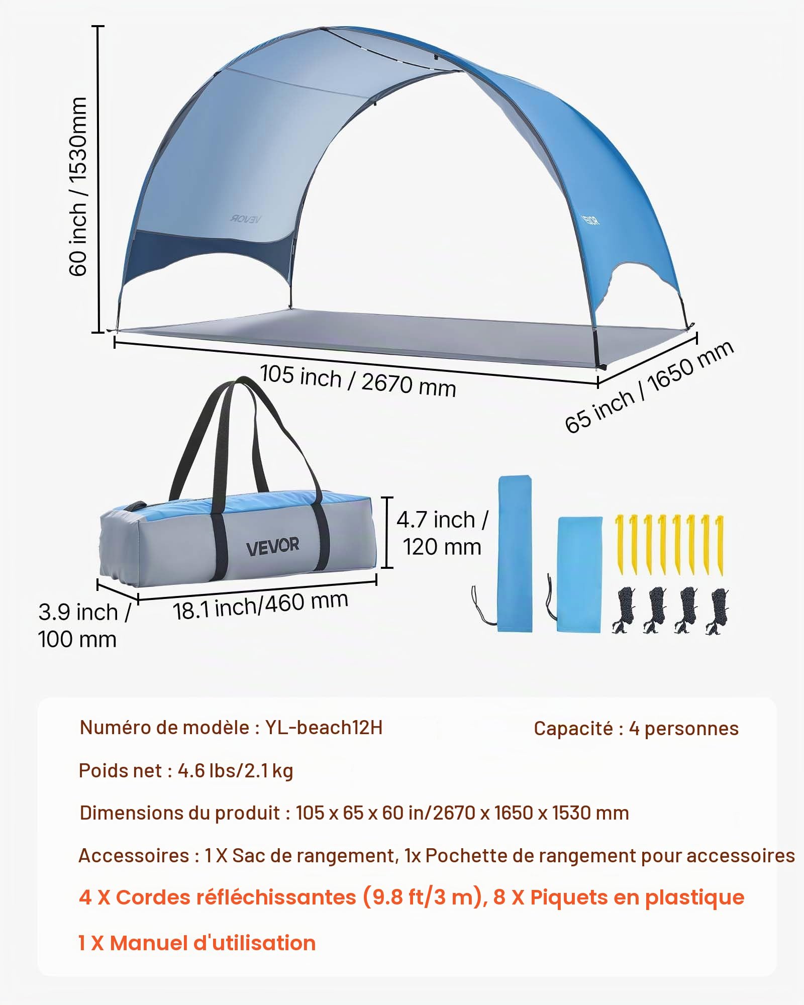 VEVOR Tente de Plage pour 4 Personnes, Abri de Plage Portable, pour Camping Pêche Pique-niques en Plein Air, Auvent Anti-UV Protection UPF 50+, Abri Soleil Léger avec Sac de Transport et Piquets