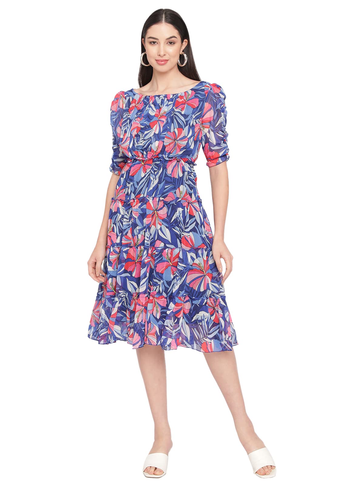 Shasmi Women's Blue Chiffon Solid Floral Sweetheart Neck A-Line Dress For Women (Dress 60 Blue S)
