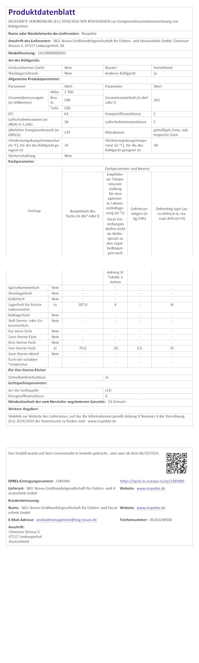 Respekta Gotland Lodówko-zamrażarka, 262 L, KG176S-52, czarny