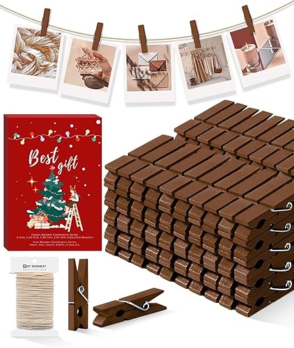 Vista 20 de Mini prendedores para fotos, pinzas pequeñas de color negro, paquete de 100 clips de madera arcoíris coloridos con cuerda de 32 pies