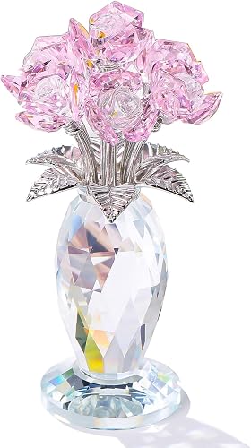 Pink Crystal Flowers Decor with Stems Vase, Glass Rose Flowers Bouquet for Mom Wife Women Home Decor for Christmas Weeding Birthday