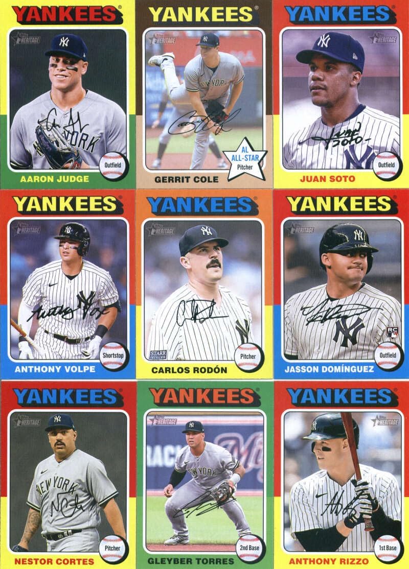 2024 Topps Heritage New York Yankees Team Set of 19 Cards: Aaron Judge(#112), Clay Holmes(#115), Yogi Berra(#123), Juan Soto(#143), Clarke Schmidt(#236), Oswaldo Cabrera(#251), Trent Grisham(#252), Nestor Cortes(#260), Carlos Rodón(#261), Oswald Peraza(#273), Alex Verdugo(#275), Gleyber Torres(#281), Anthony Volpe(#282), Gerrit Cole(#331), Everson Pereira(#348), Anthony Rizzo(#367), Jasson Dominguez(#399), Austin Wells(#442), DJ LeMahieu(#481), plus more - Sportscard Superstore