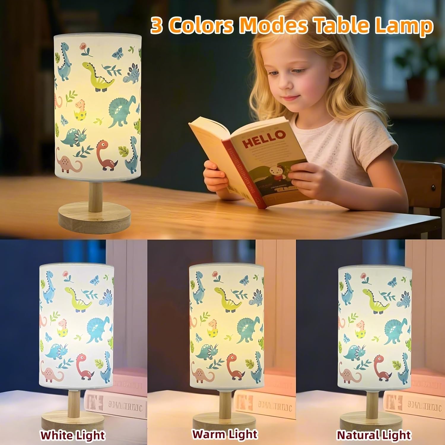 Dinosaur Kids Lamp for Bedroom Kids Bedside Table Lamps 3 Colors Nightstand Night Light with Dino Cartoon Lampshade Desk Lamp for Girls Boys Room Nursery Decor,Dinosaur Decoration Gifts for Boy