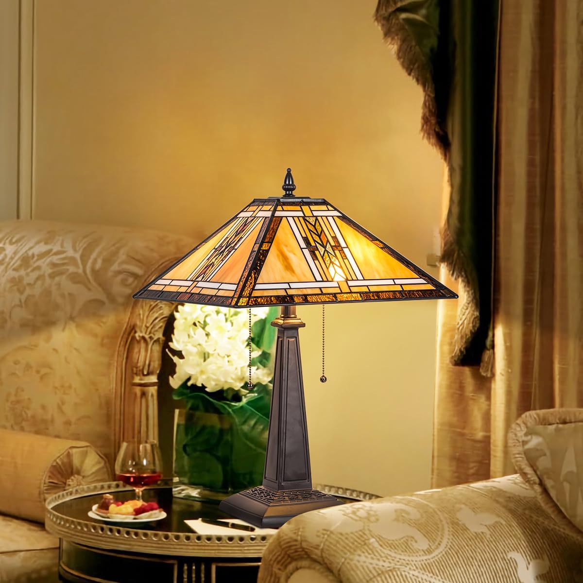 Tiffany Table Lamp,Mission Style Stained Glass Table Light,Antique Style 16 inch Large Desk Lamp,2 Lights Vintage Beside Reading Lamp for Living Room Bedroom Office