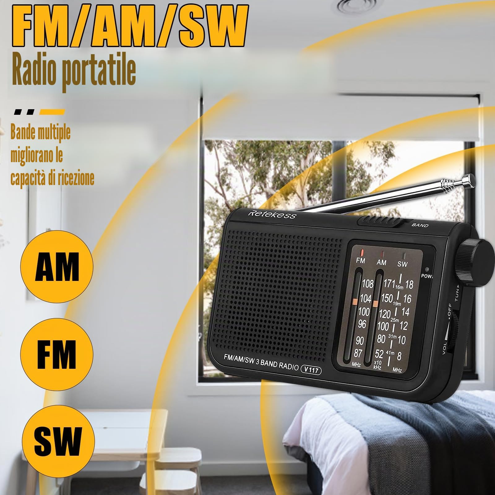 Retekess V117 Radio Mini,Radiolina Portatile AM FM SW,Radio a Pile,Auricolare,Con un'Eccellente Qualità del Suono,Camping,per Anziani (Nero)