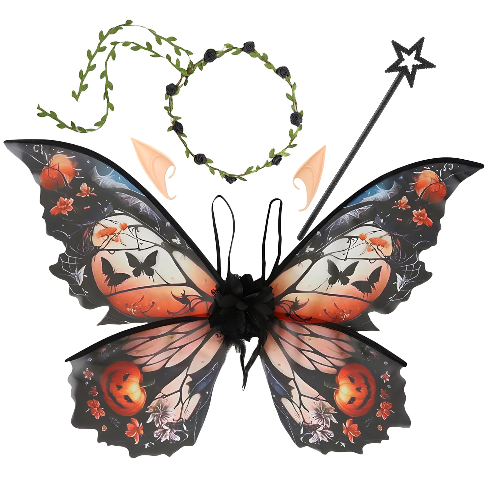 Snylcce Fairy Wings for Adults Fairy Costume Set including Floral Garland, Hair Tinsel, Wand & Elf Ears Butterfly Wings