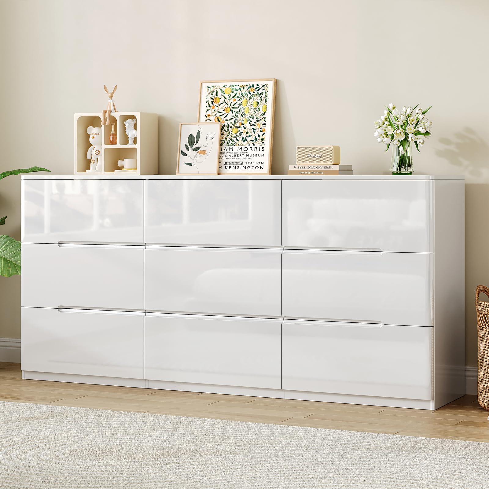 ZORPLIX High Gloss Dresser for Bedroom, 60.2 Inch Wide 9 Drawer Dresser, White