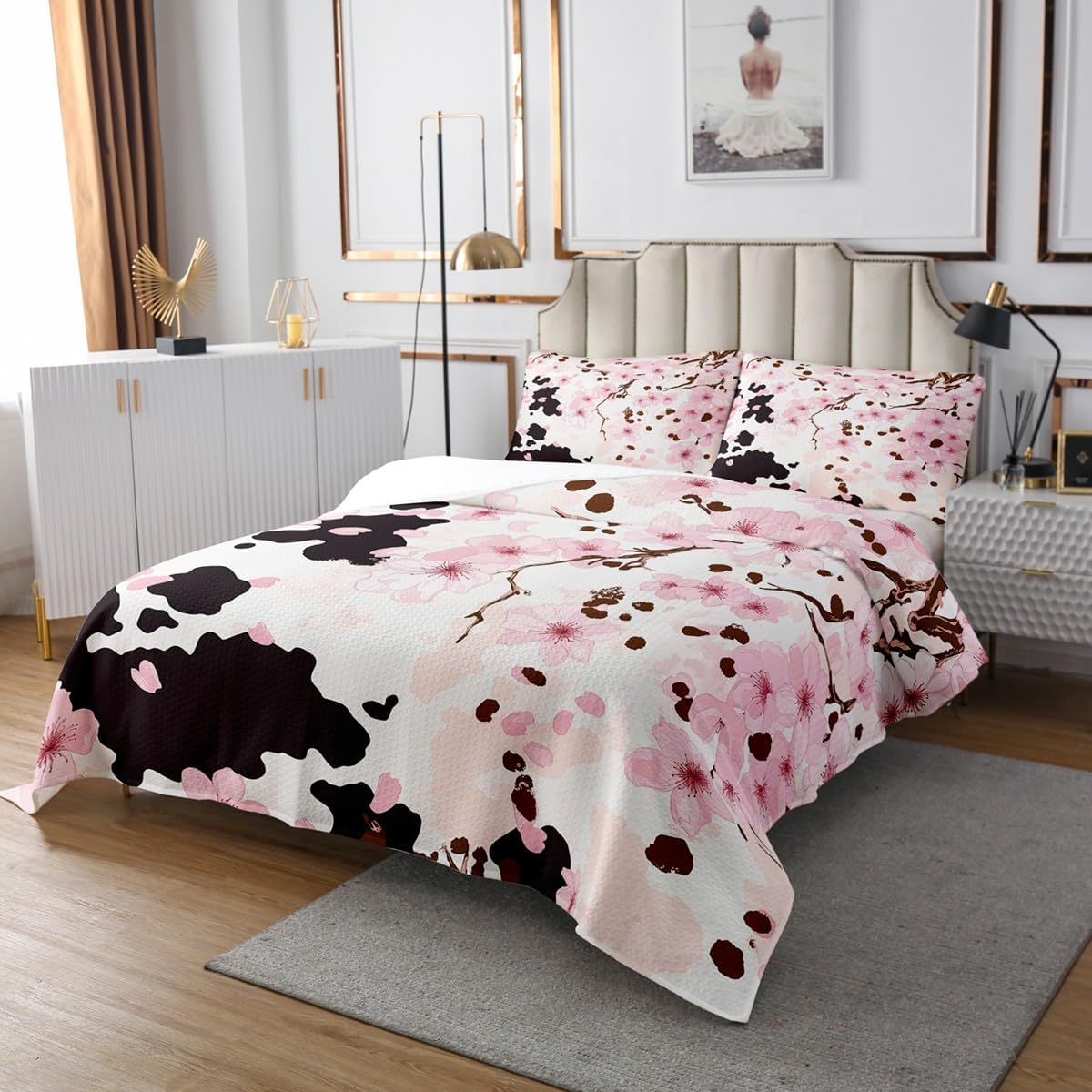 Erosebridal Cowhide Bedspread Set Pastel Pink Cherry Blossom Coverlet Set,Farm Animals Skin Brown Cow Print Quilt Set King Bull Cattle Wildlife Quilted,Rustic Flowers Western Decor for Home