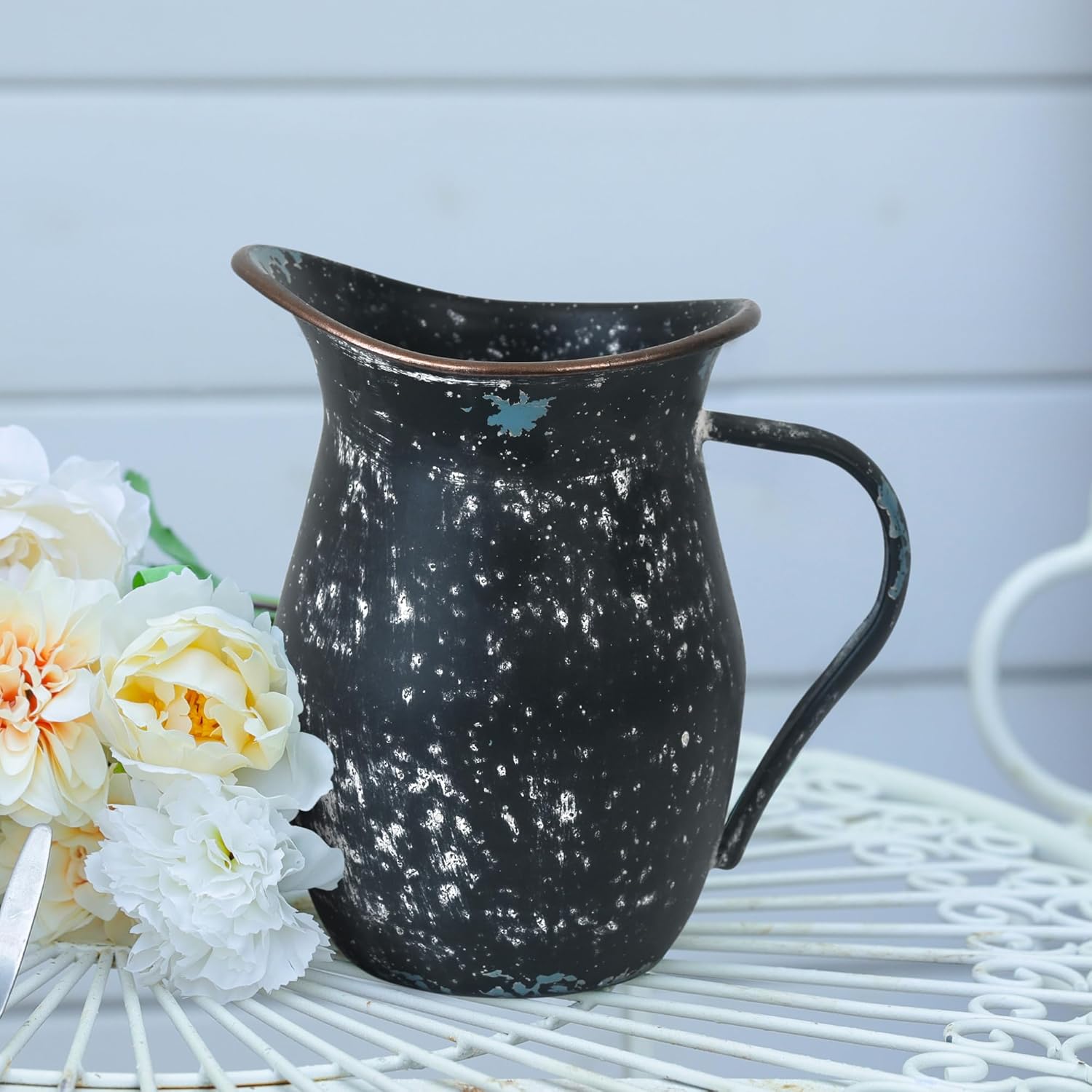 BIG FORTUNE Decorative Pitcher Vase Large Rustic Farmhouse Vase for Flowers Vintage Metal Milk Jug Vintage Decorative Pitcher Kitchen Decorations (Black) - Image 5