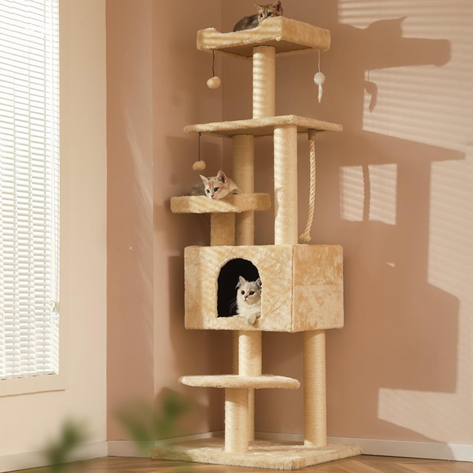 Tiragraffi per Gatti Adulti, Albero per Gatti Alto 160Cm, Tiragraffi Gatto Stabile Multilivello, Alberi per attività per Gatti con Pali in Sisal Casetta per Gatti Pompon in Peluche